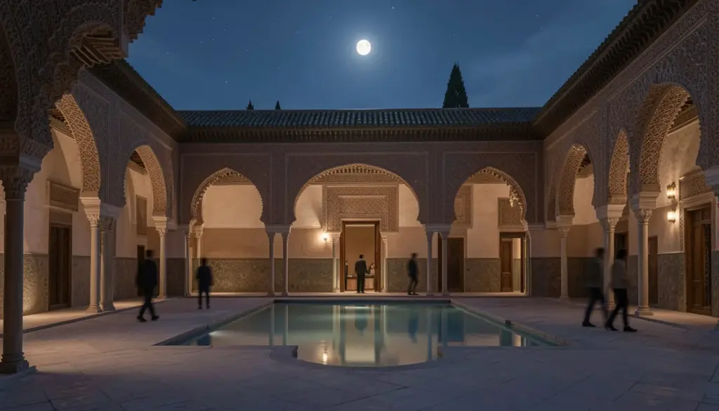 Alhambra night tour in Granada Spain with illuminated Nasrid Palaces courtyard and reflective pool under evening lights