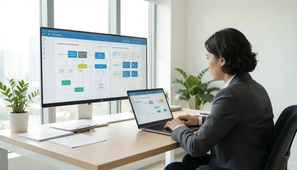 Professional using workflow automation software on multiple screens in a modern office to improve productivity and streamline business processes