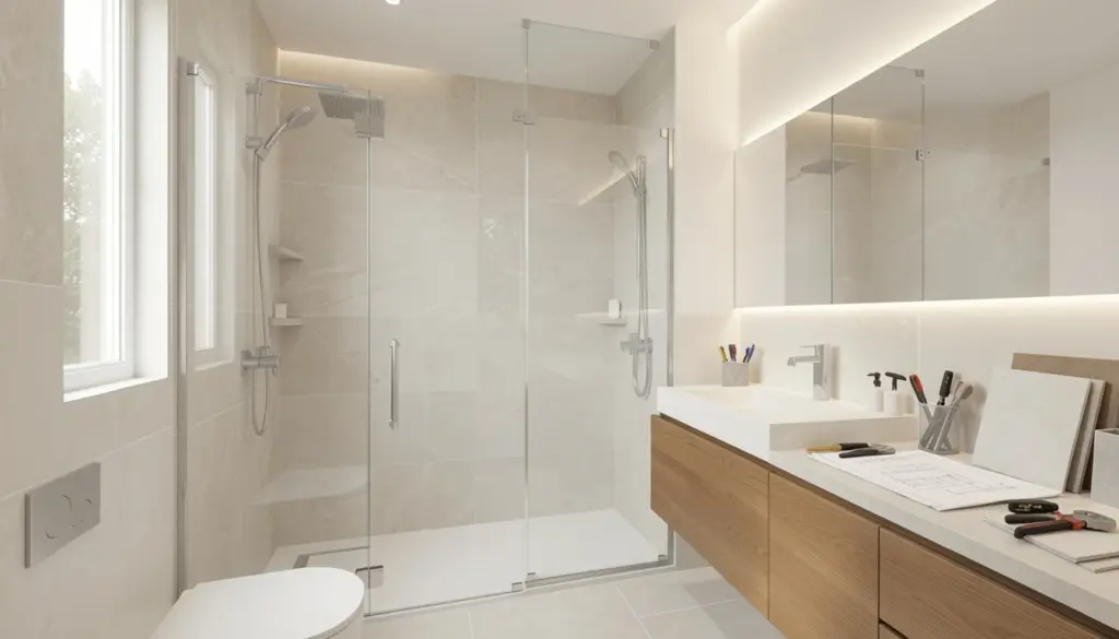Modern bathroom renovation with walk-in shower, floating vanity, large porcelain tiles, and contemporary lighting design