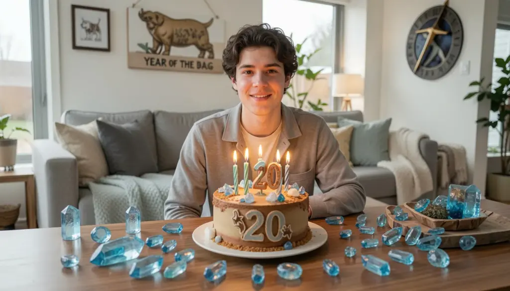 Was Anybody Born On December 6th 2006? Here’s Everything About Your Birthday Young adult celebrating 20th birthday in 2026 with blue topaz decorations, Sagittarius zodiac theme, and Year of the Dog reference, representing people born on December 6, 2006.