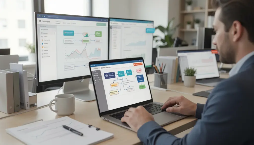 Business Automation Tools: Complete Guide for Startups Startup team using business automation tools on a laptop to manage workflows, data integration, and repetitive tasks efficiently.
