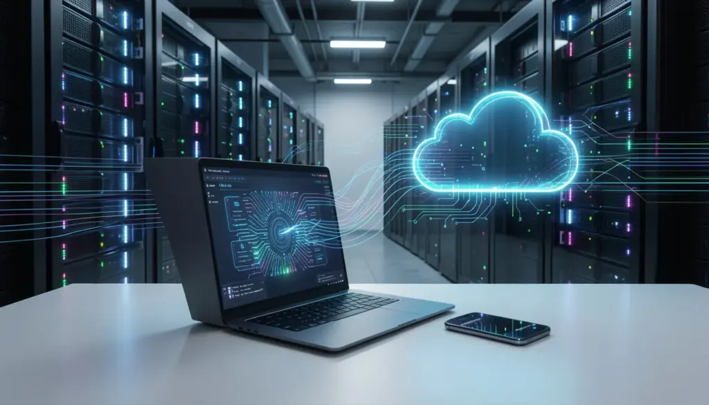 How Cloud Computing Works (Cloud Computing Explained for Beginners) Cloud computing concept showing devices connected to remote data center servers over the internet
