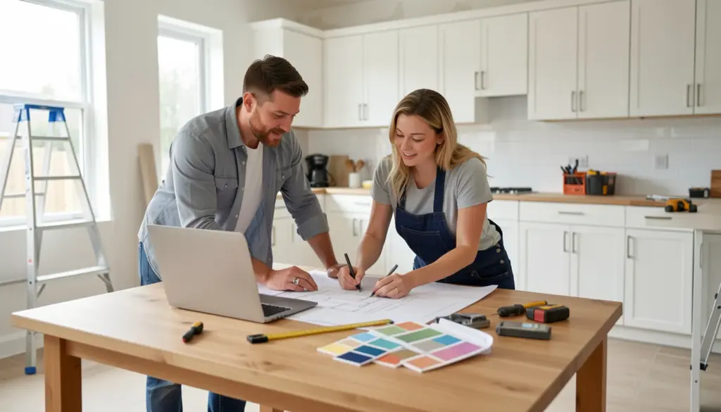 Complete Guide to Home Improvement for Beginners Homeowners planning a home improvement renovation project with blueprints, tools, and a partially renovated kitchen in the background.