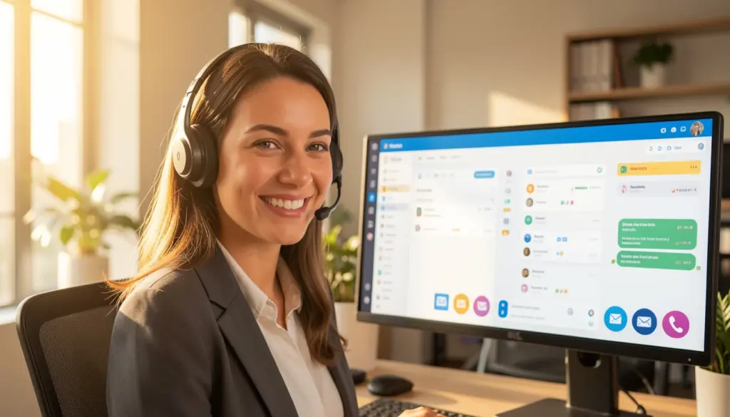 Customer experience strategy in action with support agent assisting customer using CRM system in modern office