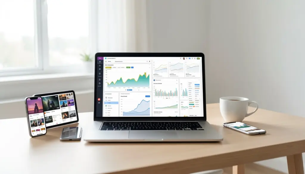 Realistic home office with laptop, tablet, and smartphone showing digital dashboards, streaming apps, and e-commerce platforms, representing online business models and digital entrepreneurship