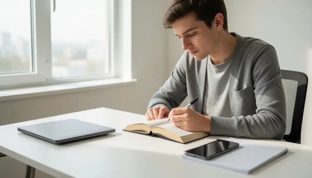 Person using a smartphone mindfully while focusing on offline activities in a minimalist workspace, representing digital minimalism and reduced screen time