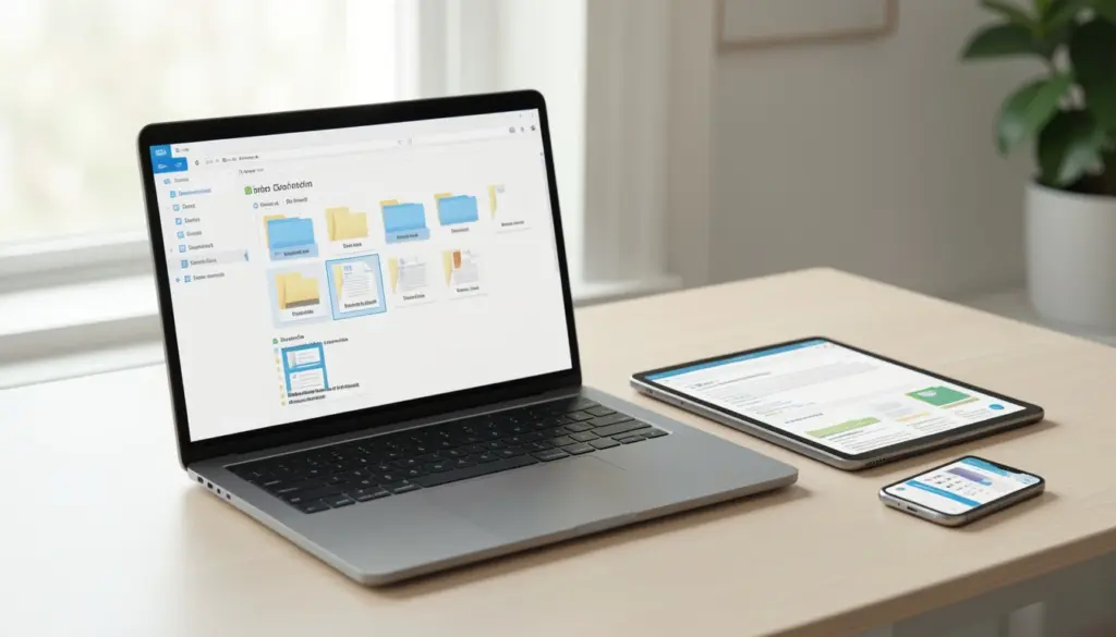 Organized digital workspace with structured folders and file management system on laptop screen in a clean modern office setup