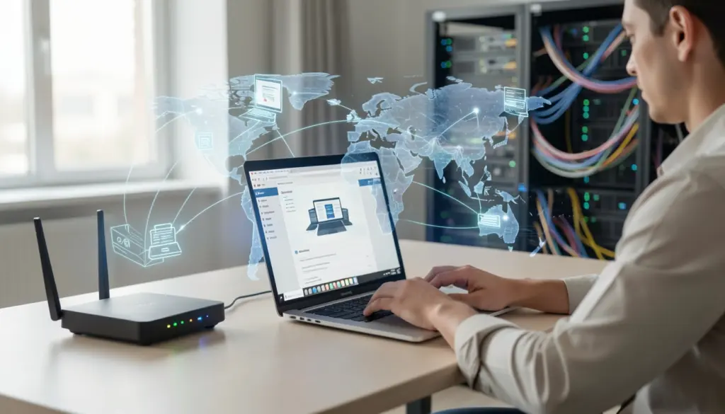 Essential Internet Knowledge Everyone Should Know Person using laptop connected to Wi-Fi router illustrating how the internet works with devices communicating across a global network