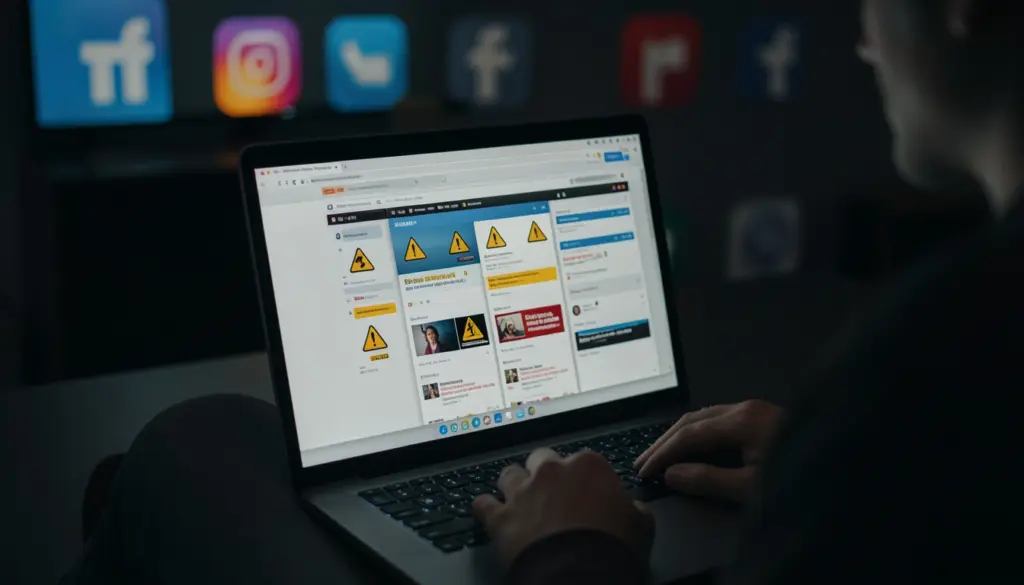 Person watching free movie streaming sites on laptop with pop-ups and warning icons, highlighting online risks and unlicensed streaming platforms like Flixmomo.