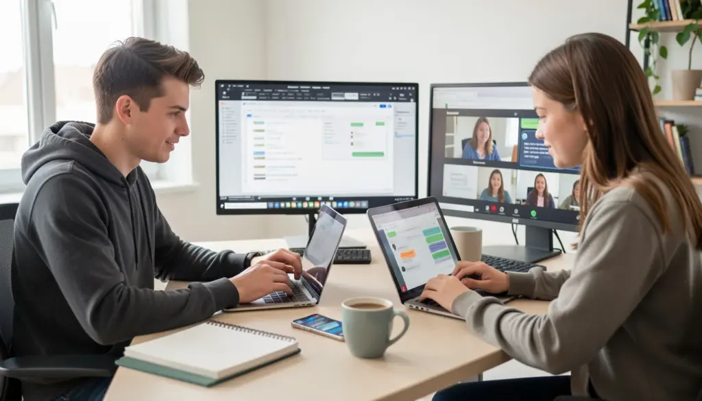Professional and student using laptop, spreadsheet software, and video meeting tools while learning essential digital skills in a modern workspace.