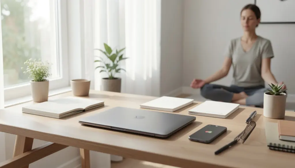 Modern workspace promoting digital wellness with organized desk, closed laptop, smartphone aside, and person practicing mindfulness to reduce screen fatigue.