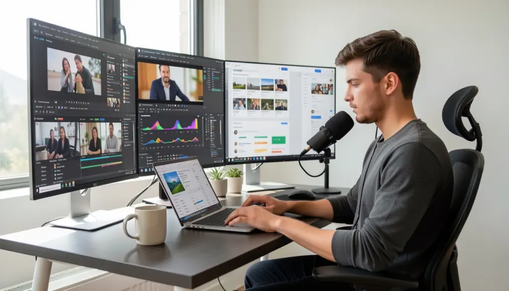 Full time content creator working at a modern desk with laptop, microphone, and multiple screens displaying social media, video editing, and analytics dashboards, representing the creator economy and online content career