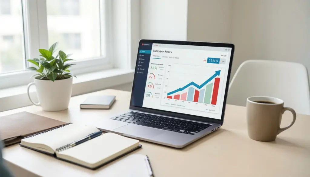 How Online Businesses Build Recurring Revenue Recurring revenue business dashboard showing subscription growth, MRR metrics, and SaaS analytics on a laptop in a modern workspace