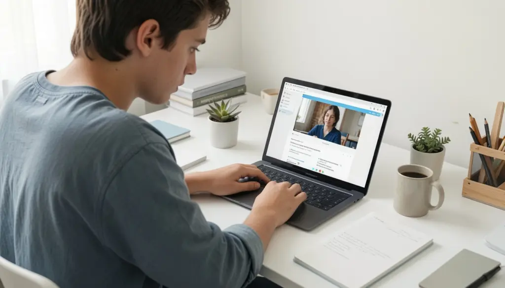 How Online Learning Platforms Work Student using a laptop to access an online learning platform dashboard with video lessons and course progress tracking