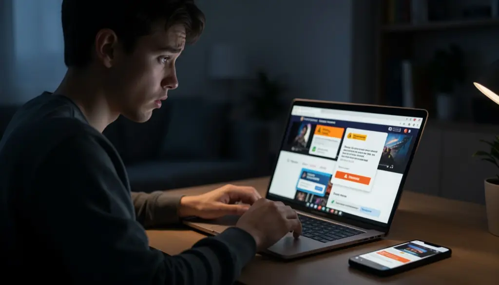 Person browsing a free streaming website with pop-up ads and security warnings on laptop screen