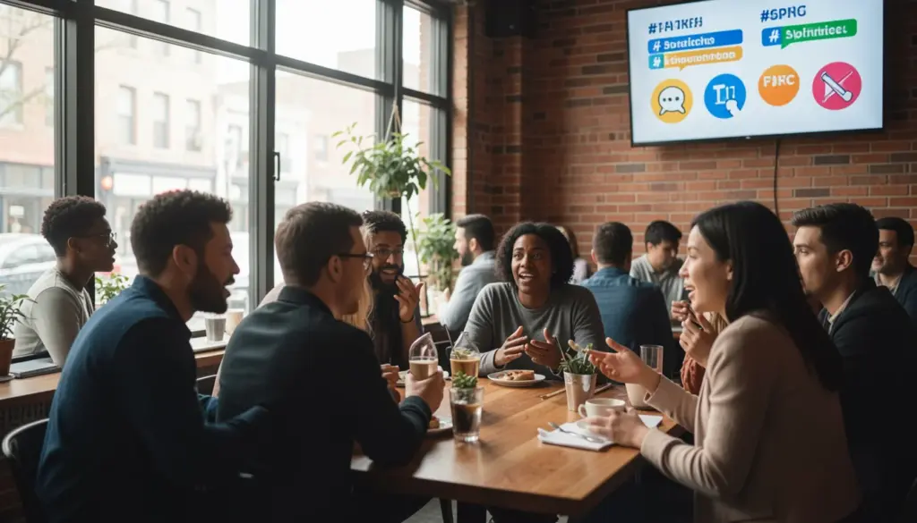 How Social Media Influences Culture People using smartphones with social media apps while discussing trending online content, illustrating how social media influences modern culture and communication.