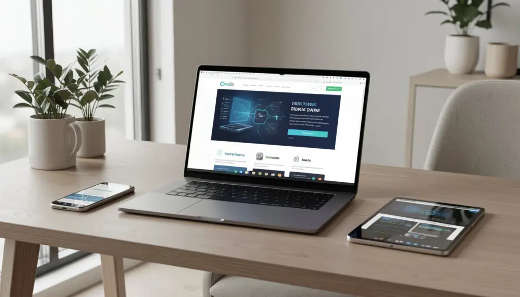 How Techgup Org Helps You Stay Ahead in the Tech World Person browsing a technology website on laptop with smartphone and tablet showing tech reviews, guides, and digital tools in a modern workspace
