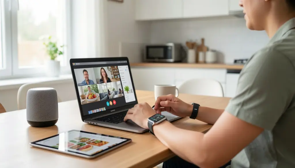 How Technology Shapes Modern Living Person using smartphone, laptop video call, and smart devices in a modern home showing how technology influences daily life and communication.
