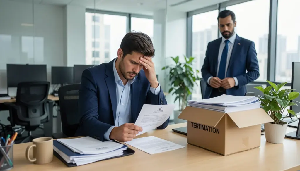 Employee holding termination letter during job dismissal meeting in office, representing wrongful termination and employee rights.
