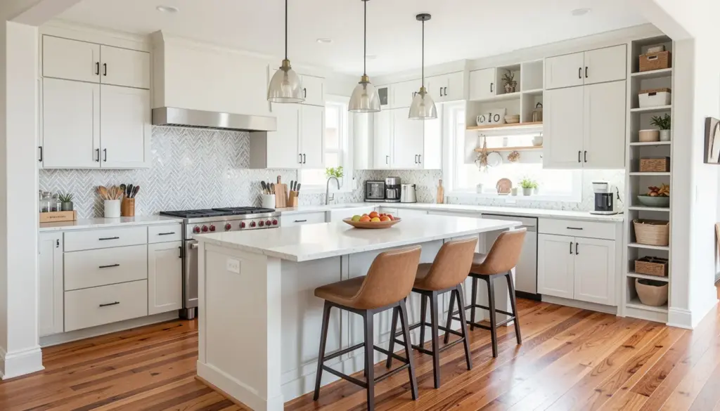 Kitchen Remodeling Guide: What to Know Before You Start Bright modern kitchen with white cabinets, quartz countertops, stainless steel appliances, stylish backsplash, and functional island after a full remodel