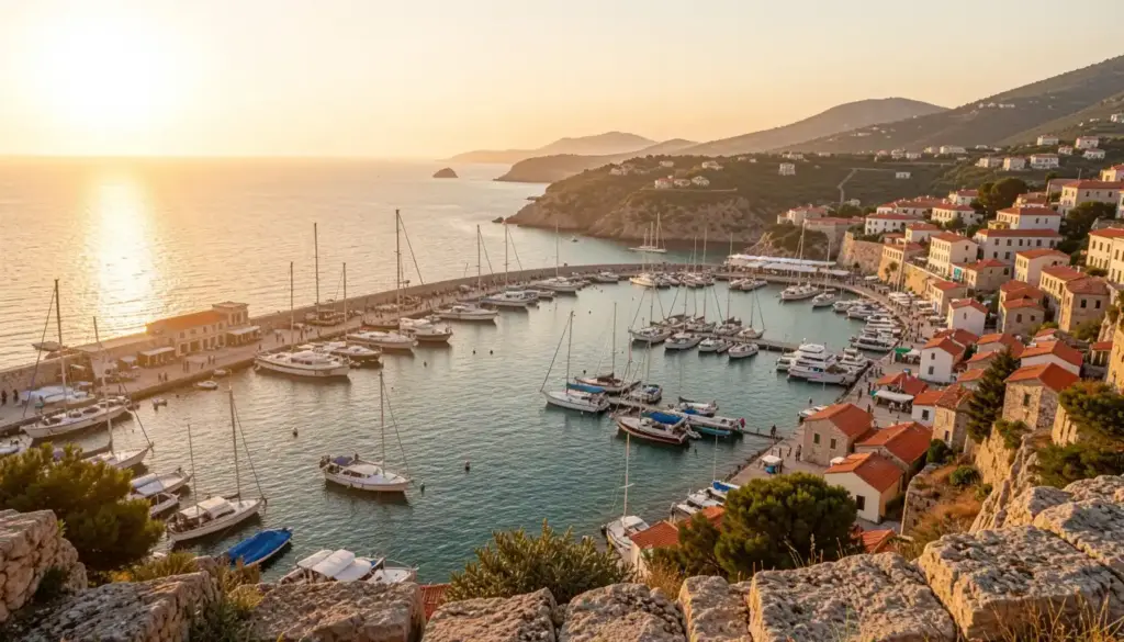 Merfez Travel Guide: Everything You Need to Plan a Real Trip Photorealistic view of Merfez, a Turkish Mediterranean coastal town, with historic streets, a quiet harbor with fishing boats, turquoise waters, local cafés, and bustling traditional markets.
