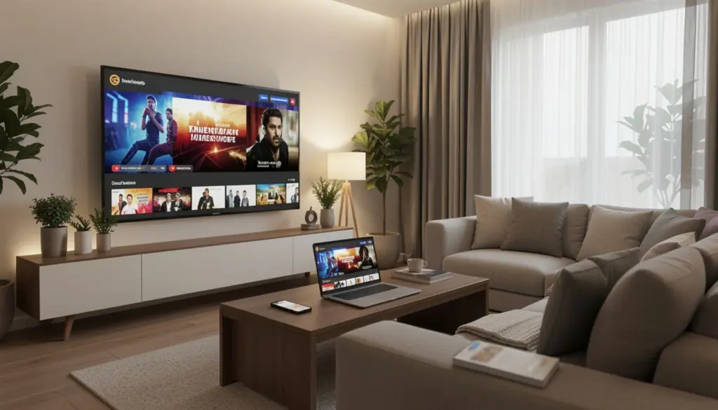Realistic home entertainment setup with a TV, laptop, and smartphone showing MoviesToWatch TV streaming platform, highlighting movies and TV shows on a modern living room setup.