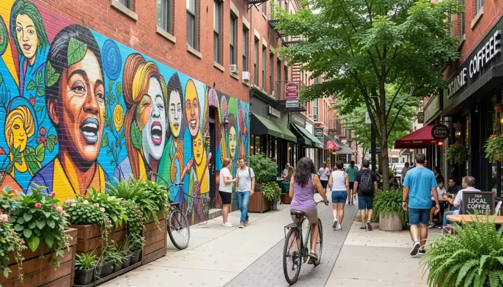 Authentic Atlanta neighborhood street with murals, local cafes, people walking, and outdoor community activity representing Neatlanta's creative and community-driven culture.