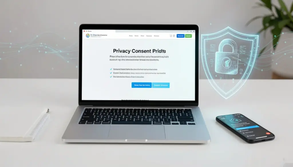 User managing online privacy settings on laptop and smartphone with digital security icons representing data protection and privacy laws
