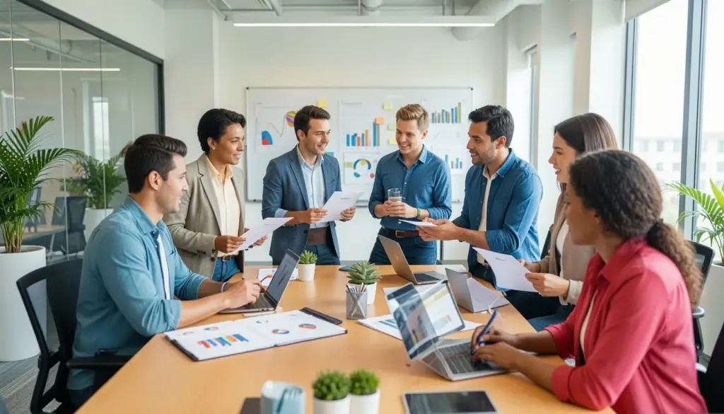 Diverse team collaborating in a modern office, combining bold ideas, intellectual discussion, and ethical decision-making, representing the Rowdy Oxford Integris mindset.