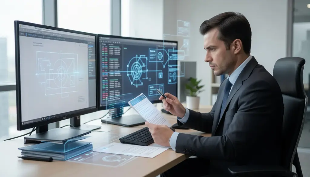 Executive at a defense contractor reviewing sensitive digital files in an office, highlighting cybersecurity, data protection, and digital forensic investigation in a high-stakes legal and national security context.