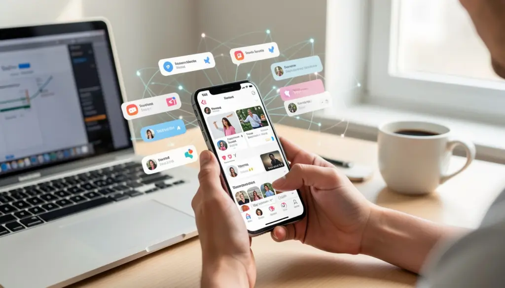 Person using a smartphone with social media apps and engagement notifications representing how social media platforms and algorithms distribute content online.