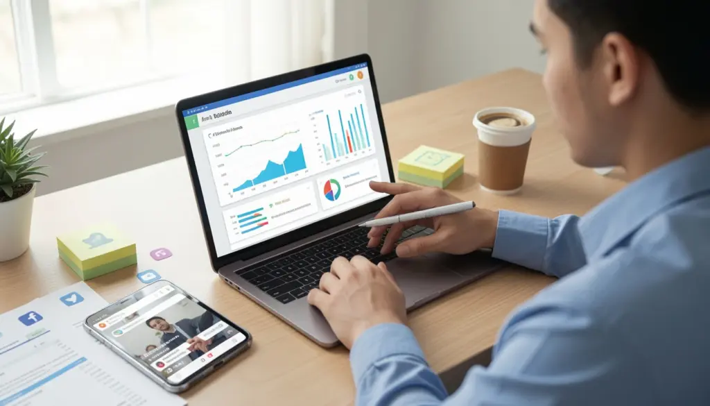 Digital marketer analyzing social media trends and engagement data on laptop and smartphone in a modern workspace