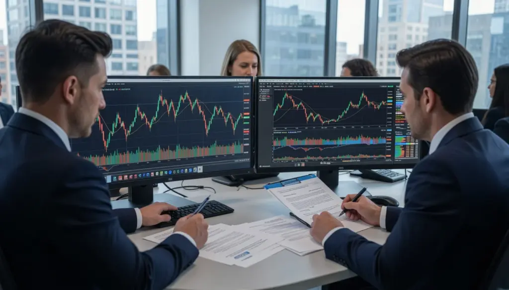 Financial professionals reviewing trading accounts and compliance documents in a brokerage office, illustrating FINRA enforcement, investor protection, and regulatory oversight.