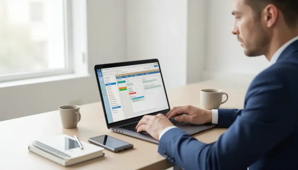The Beginner’s Guide to Productivity Tools Professional using productivity tools on laptop to manage tasks, schedule, and team communication in a modern workspace