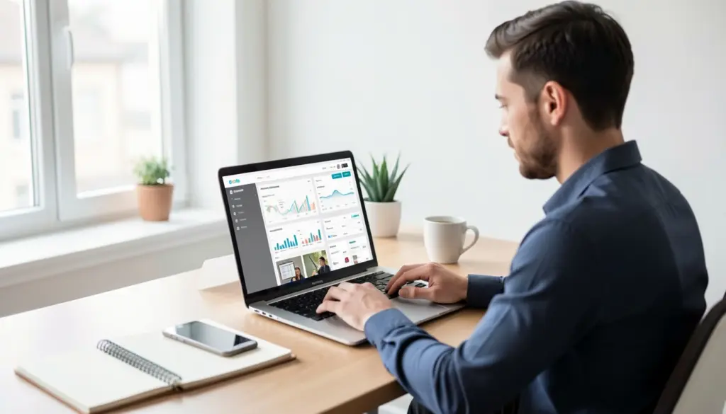 Entrepreneur working on laptop in home office while building an online business website and reviewing analytics