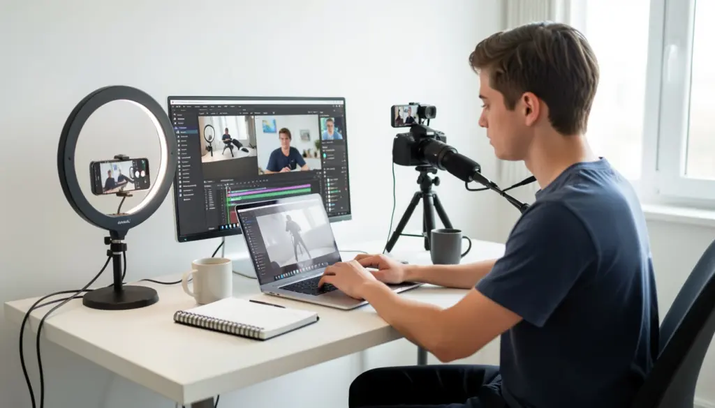 The Creator Economy Explained: Platforms and Monetization Digital content creator recording video with camera, microphone and laptop in a modern workspace representing the creator economy and online content monetization.