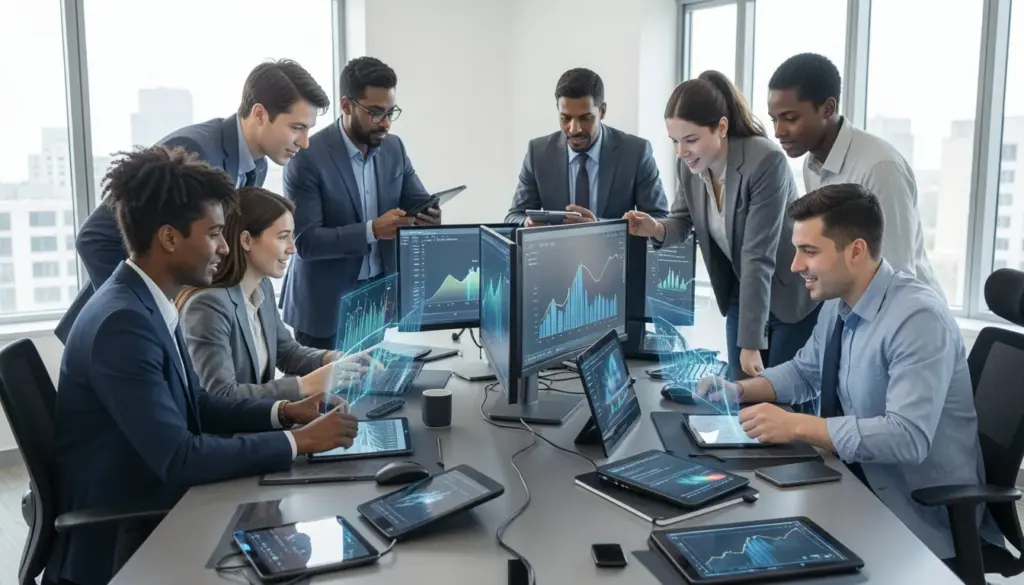 The Role of Technology in Business Transformation: Strategies, Tools, and Future Business professionals using AI, cloud computing, and automation tools in a modern office with digital dashboards and real-time analytics.