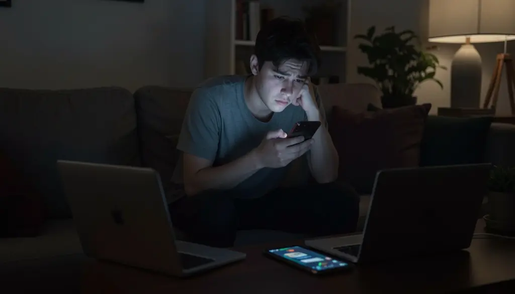 The Screen Time Psychology: How Screens Shape Your Mind Person scrolling on smartphone late at night surrounded by digital devices, illustrating the psychological effects of screen time and digital attention.