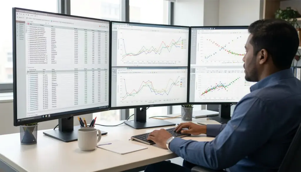 Photorealistic workspace showing a data analyst reviewing structured datasets and visual dashboards on multiple monitors for technical data analysis.