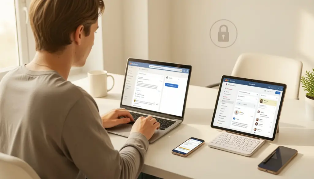 Digital literacy concept showing person using laptop and smartphone with online tools, cybersecurity icons, and information evaluation on screens