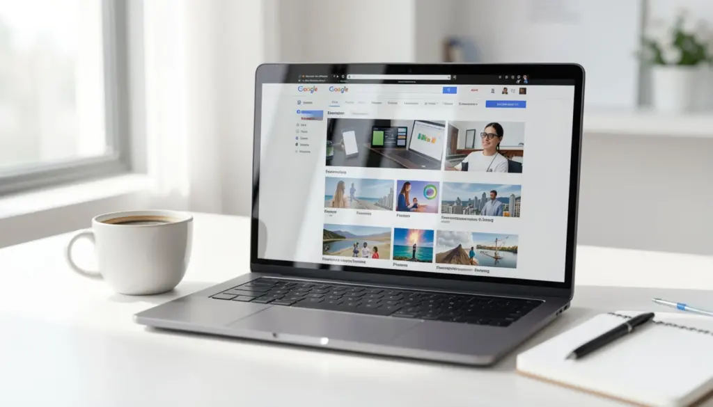 Laptop displaying a multi-topic digital content platform with categories like technology, health, finance, and travel, on a clean desk with coffee and notebook, representing accessible online learning and information.