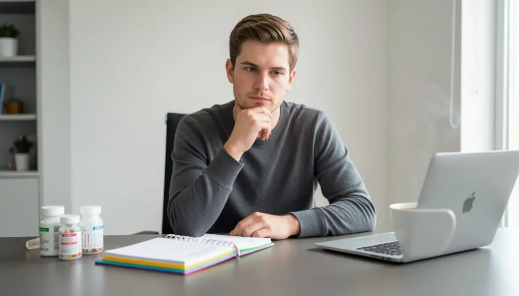 Young adult with ADHD sitting at a desk with medication, notebook, and laptop, reflecting on treatment options including conventional medications and Releaf UK medical cannabis.