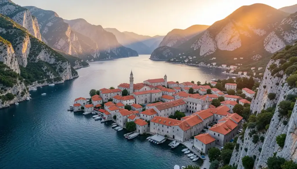 Aerial view of Kotor Old Town in Montenegro, with medieval walls, red-tiled roofs, Bay of Kotor waters, and surrounding limestone mountains at sunrise.