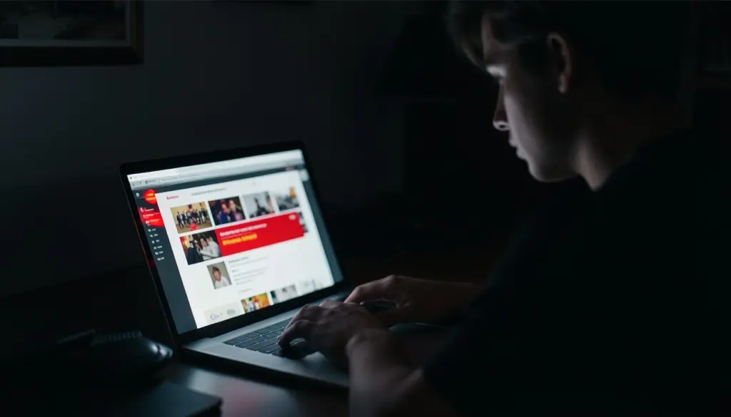 Person using laptop at night showing risks of piracy websites compared to safe legal movie streaming apps