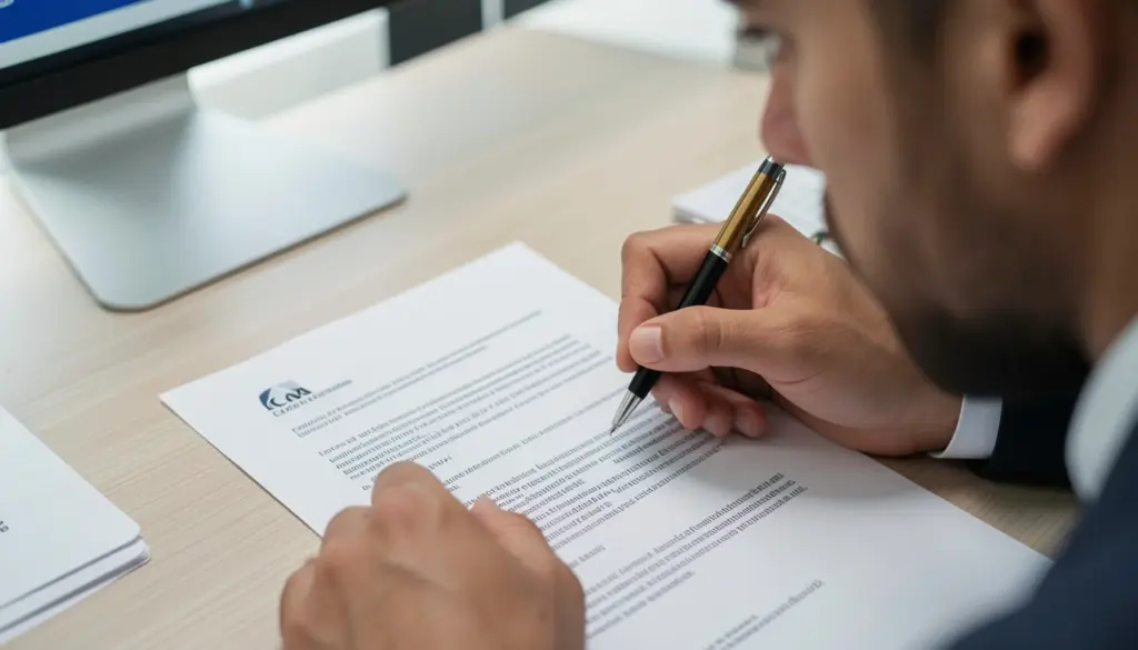 What to Know Before Signing a Legal Agreement Person carefully reviewing a legal contract before signing, highlighting important terms and fine print