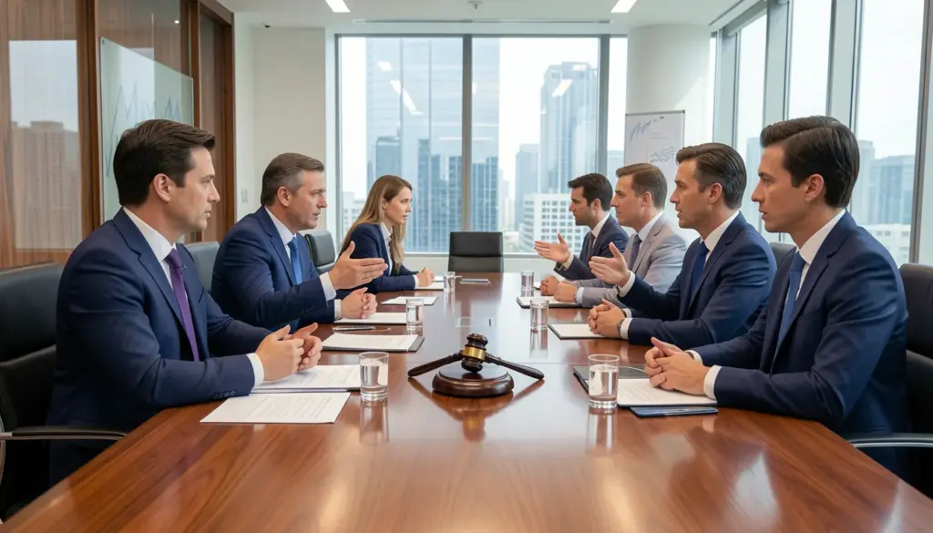 Business professionals reviewing legal documents in a corporate office, symbolizing private credit litigation and fiduciary disputes.