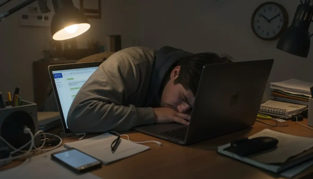 Remote worker feeling tired while working late at night on laptop with phone notifications, representing digital work life balance challenges