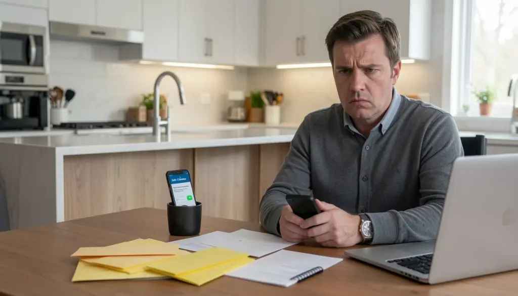 Your Legal Rights When a Debt Collector Contacts You Person receiving a debt collector call while reviewing unpaid bills at home, illustrating consumer rights and debt collection stress