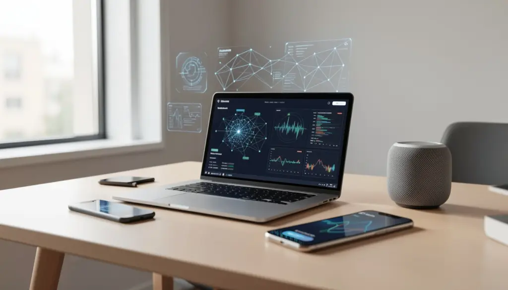 Photorealistic workspace with laptop showing artificial intelligence neural network interface, smartphone and smart speaker representing everyday AI technology and machine learning concepts.