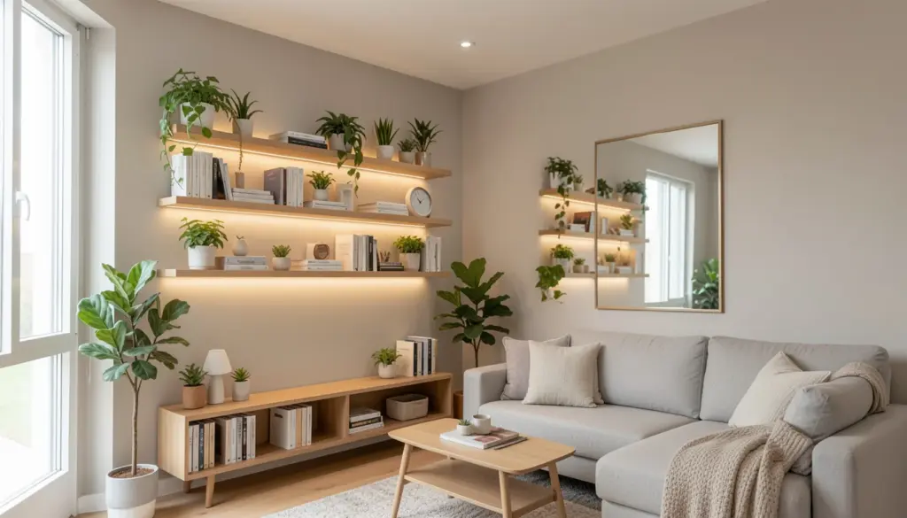 10 Budget-Friendly Home Improvement Ideas Modern living room showing affordable home improvement ideas including fresh paint, floating shelves, LED lighting, and decorative mirror in a small budget-friendly home makeover.